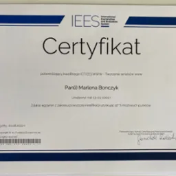 Certyfikat IEES potwierdzający kwalifikacje ICT.IEES.WWW - Tworzenie serwisów www dla Pani Marleny Bonczyk, uzyskane 97% punktów, wydany w Tychach 10.08.2022 r.