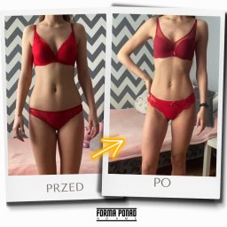 Maciej Ilczuk - trener personalny - Kolaż 'Przed' i 'Po': Zmiana sylwetki kobiety w czerwonej bieliźnie, ukazująca poprawę jędrności i redukcję obwodu talii, z wyraźną strzałką wskazującą kierunek transformacji.