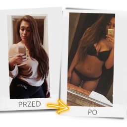 Maciej Ilczuk - trener personalny - Kolaż 'przed i po' przedstawiający sylwetkę kobiety: po lewej w bluzie i legginsach, po prawej w bieliźnie, z widocznym efektem redukcji wagi.