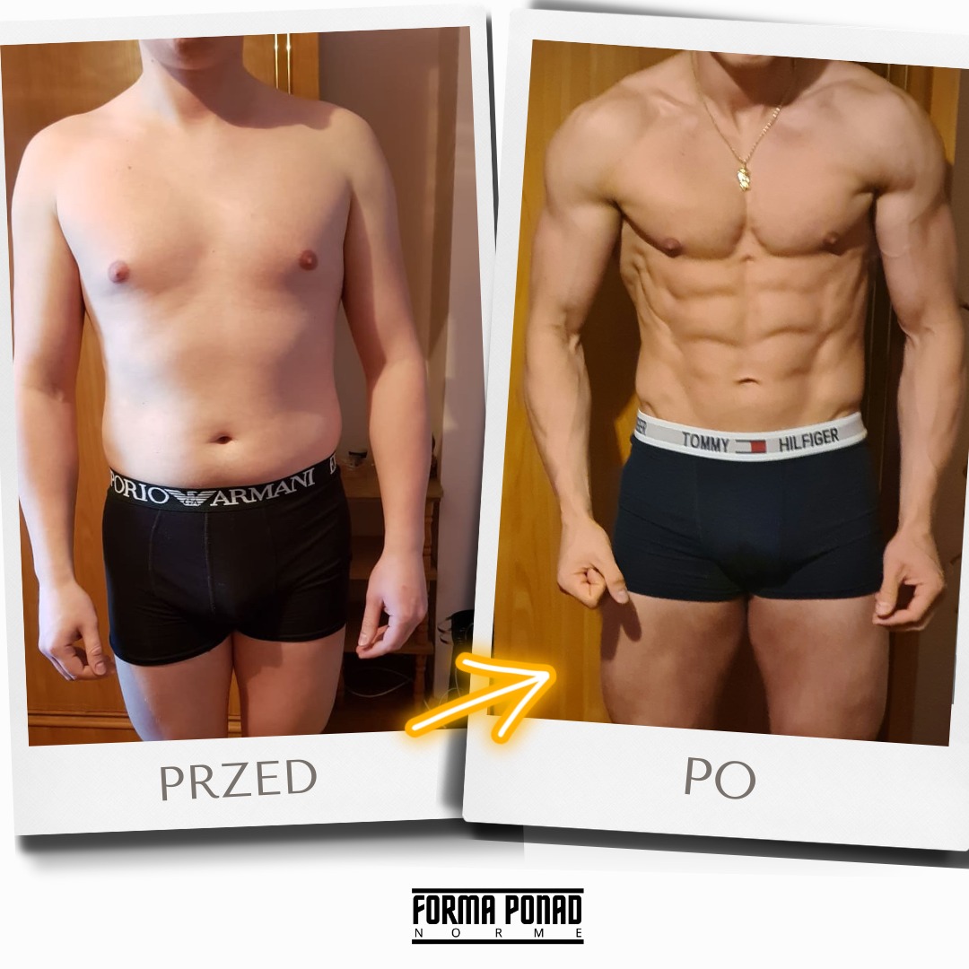 Porównanie sylwetki mężczyzny przed i po treningu, widoczna poprawa definicji mięśni brzucha i ramion, ujęcie od pasa w górę na neutralnym tle.