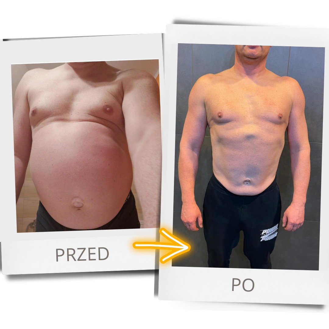 Mężczyzna, zdjęcia 'przed' z widocznym brzuchem i 'po' z poprawioną sylwetką, ukazujące efekty treningu i diety.