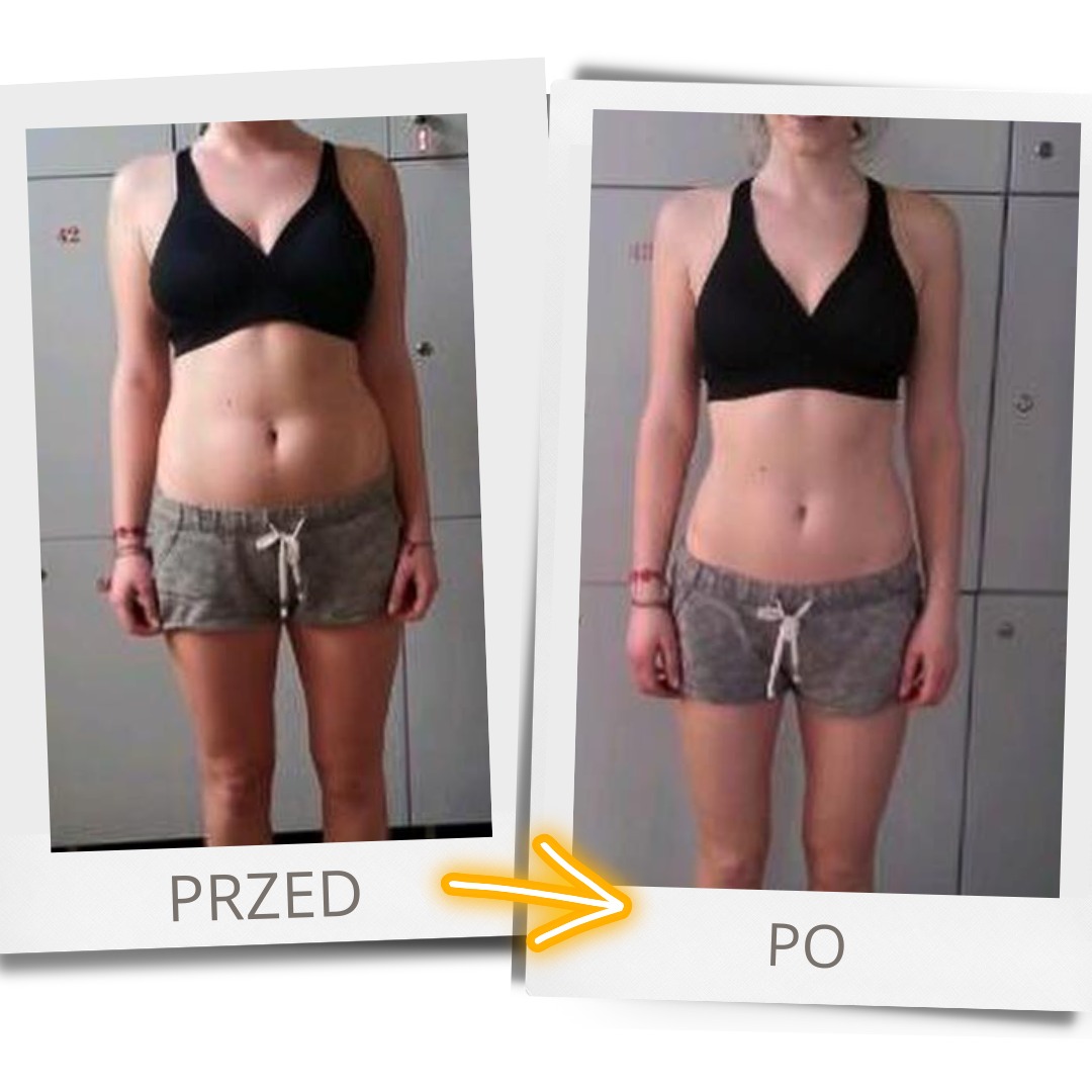 Zdjęcie typu 'przed i po' przedstawia sylwetkę kobiety w sportowym stroju na tle szatni, z widoczną zmianą w obwodzie talii i ud.