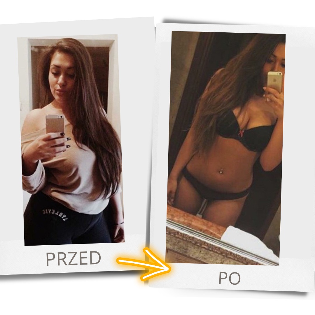 Kolaż 'przed i po' przedstawiający sylwetkę kobiety: po lewej w bluzie i legginsach, po prawej w bieliźnie, z widocznym efektem redukcji wagi.