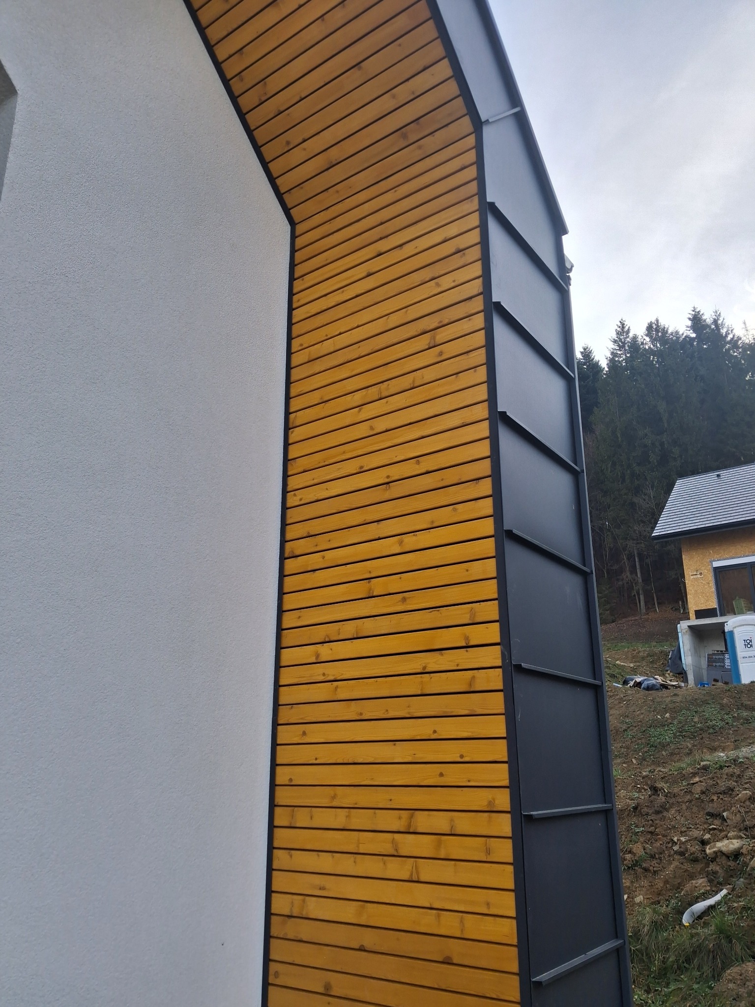 Nowoczesna elewacja budynku z drewnianą okładziną w ciepłym odcieniu i grafitowymi panelami. Widoczne detale wykończenia i połączenie materiałów.