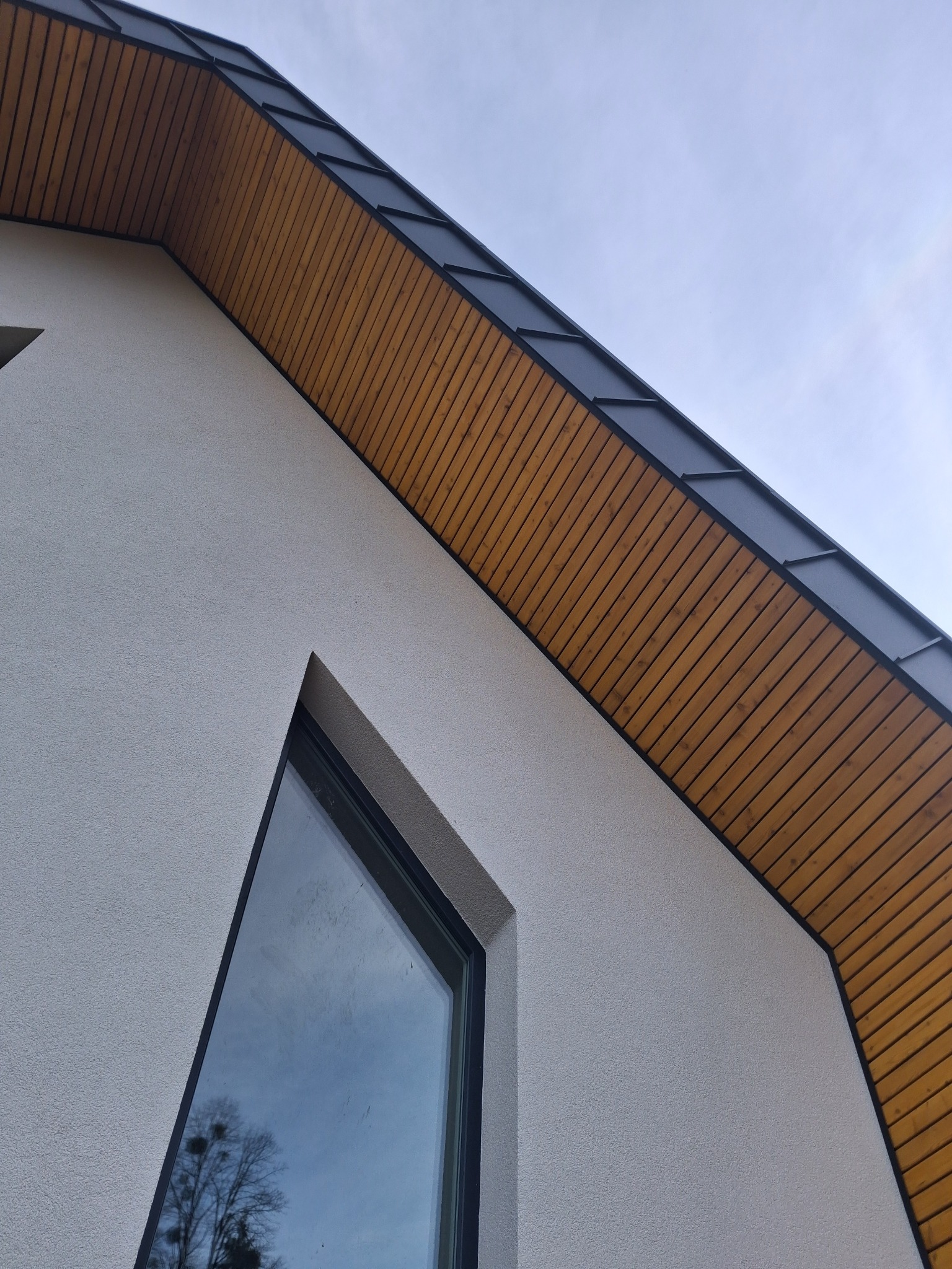 Fragment elewacji budynku z drewnianą podbitką dachową i trójkątnym oknem, w którym odbija się drzewo. Widok z dołu, podkreślający geometrię.