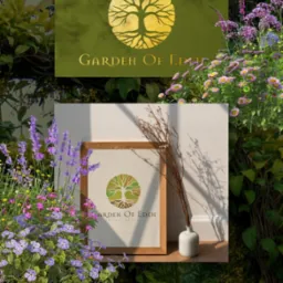 Dwa warianty logo firmy Garden of Eden: złote tłoczone na zielonym tle oraz w ramce na półce, otoczone kwiatami i zielenią.