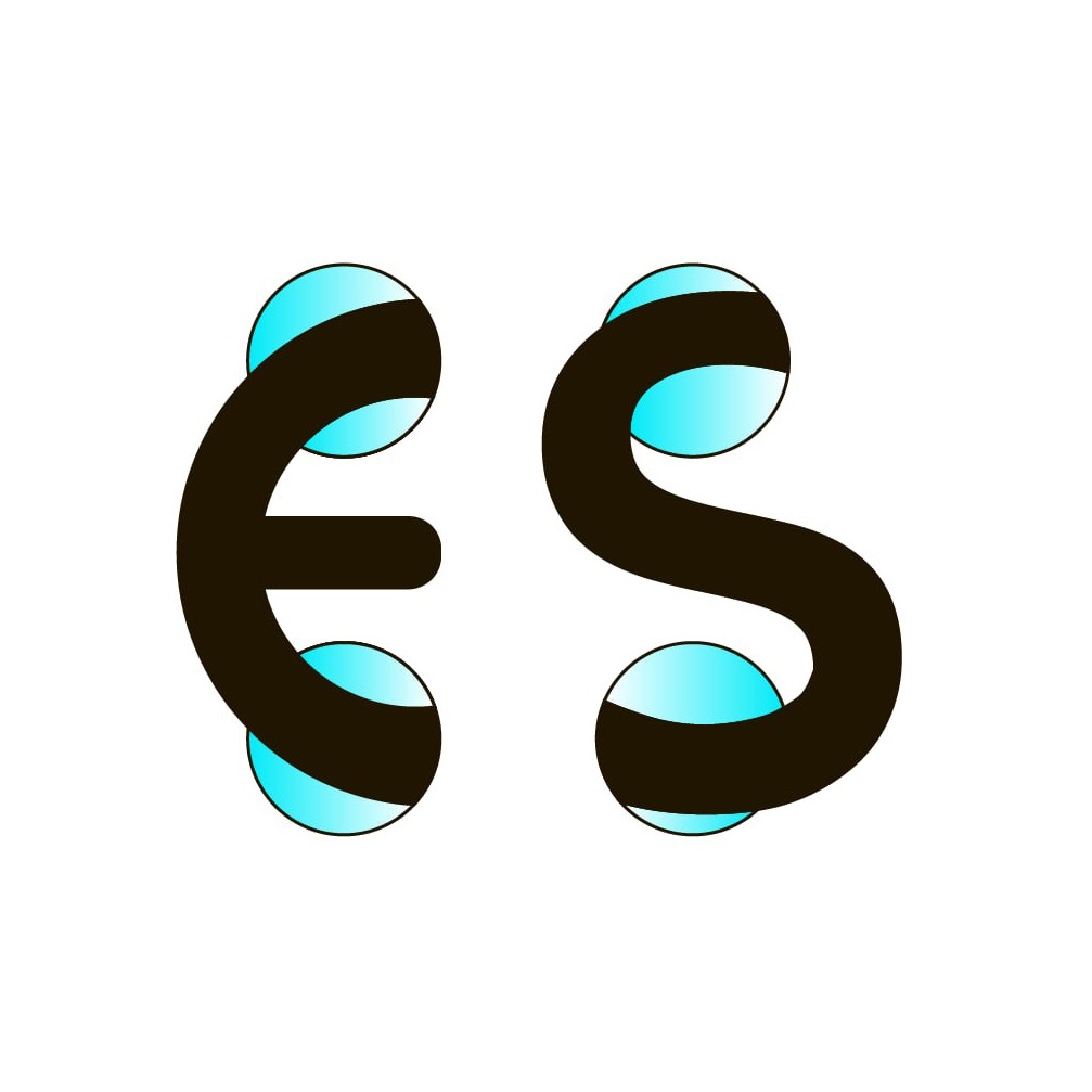 Graficzne przedstawienie liter 'e' i 's' w kolorze czarnym z niebieskimi elementami dekoracyjnymi na białym tle.