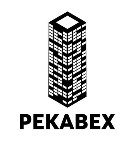 Czarno-białe logo firmy PEKABEX przedstawiające stylizowany wieżowiec z oknami, widziany z perspektywy izometrycznej.