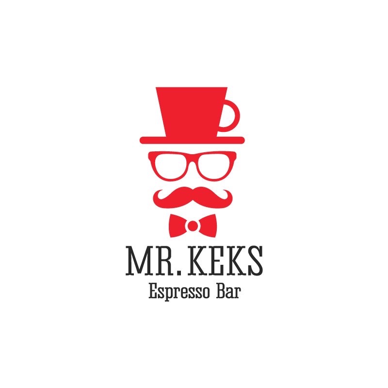 Logo Espresso Baru Mr. Keks: czerwona filiżanka na kapeluszu, okulary, wąsy i muszka na białym tle.