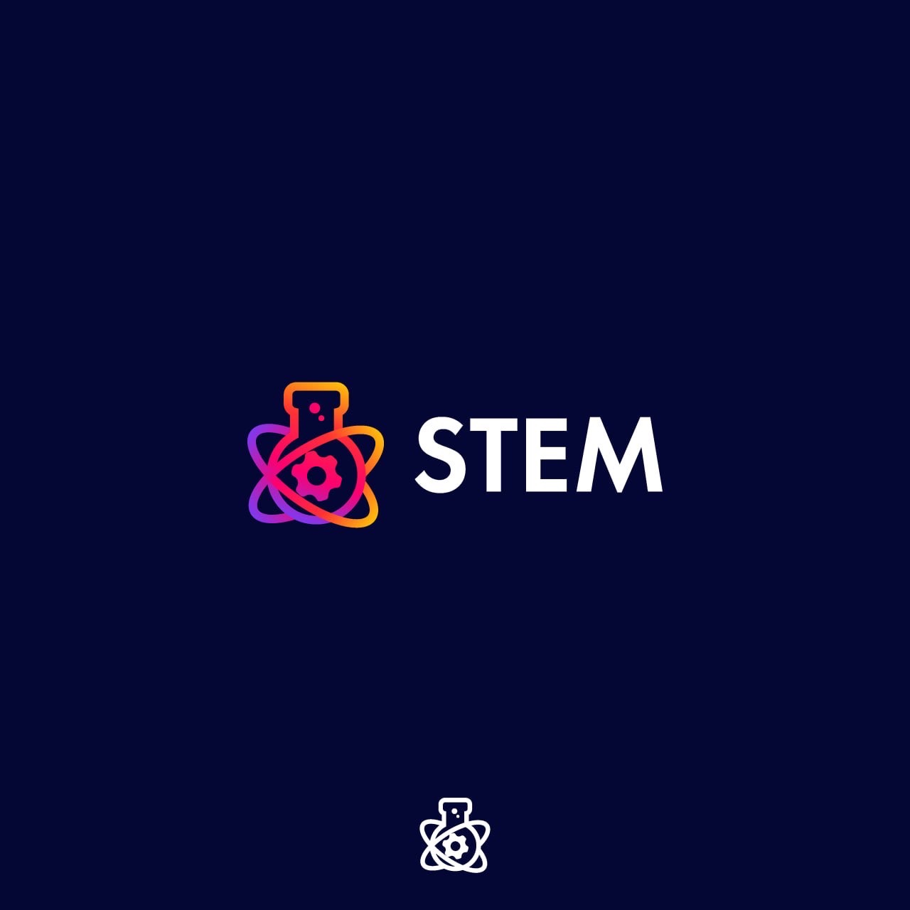 Logo STEM w stylu gradientowym, przedstawiające kolbę otoczoną orbitami z zębatką w środku, oferowane przez firmę z Krakowa.