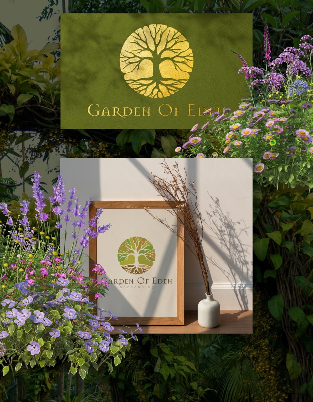 Dwa warianty logo firmy Garden of Eden: złote tłoczone na zielonym tle oraz w ramce na półce, otoczone kwiatami i zielenią.