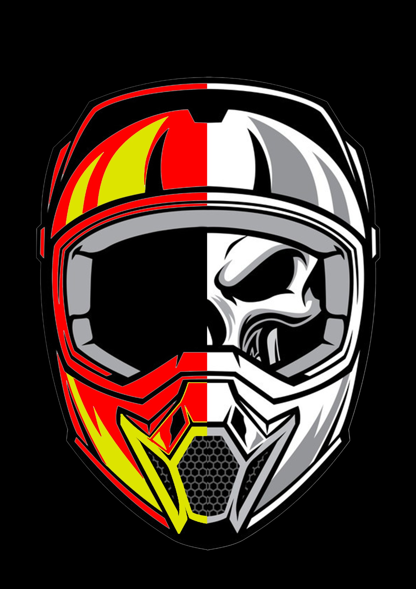 Grafika wektorowa przedstawiająca kask motocyklowy podzielony na dwie połowy: lewa z jaskrawymi płomieniami w kolorach czerwieni i żółci, prawa przedstawia stylizowaną czaszkę w odcieniach szarości...