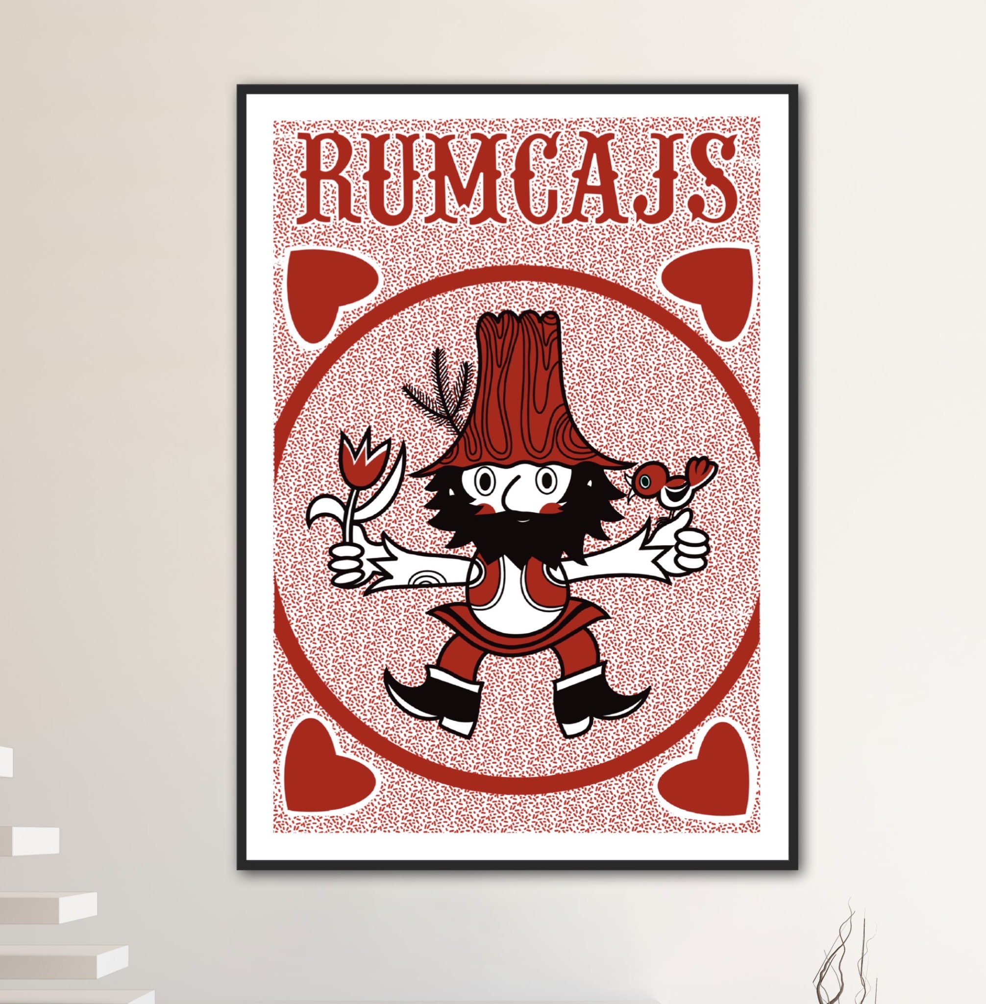 Ilustracja w ramce przedstawiająca postać Rumcajsa w charakterystycznym kapeluszu z kory drzewa, trzymającego tulipana i ptaszka, na tle z drobnymi czerwonymi kropkami i sercami.