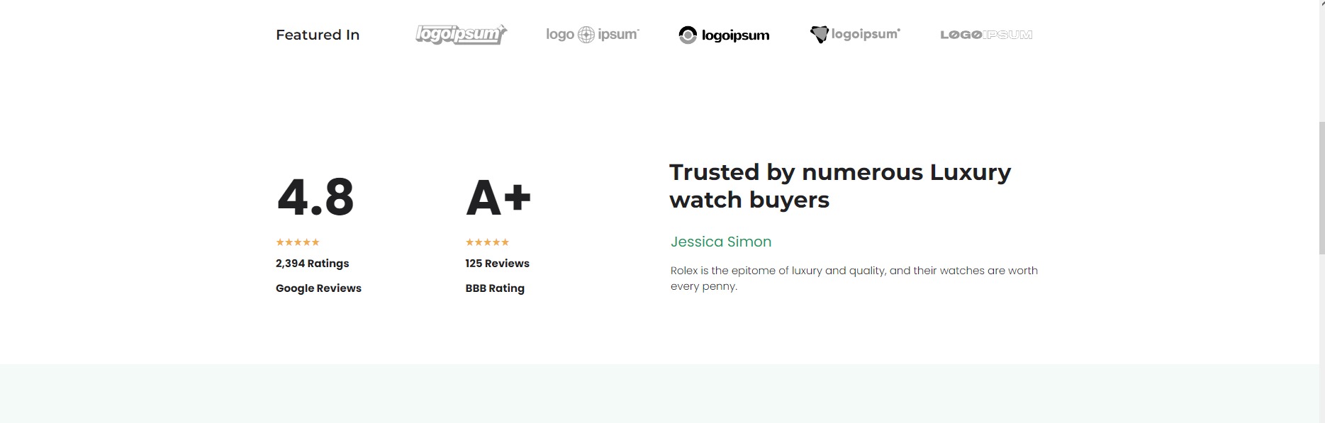 Prezentacja referencji strony internetowej: ocena 4.8 gwiazdek z 2394 recenzji Google, ocena A+ z 125 recenzji BBB oraz lista logotypów firm, które zaufały usłudze.
