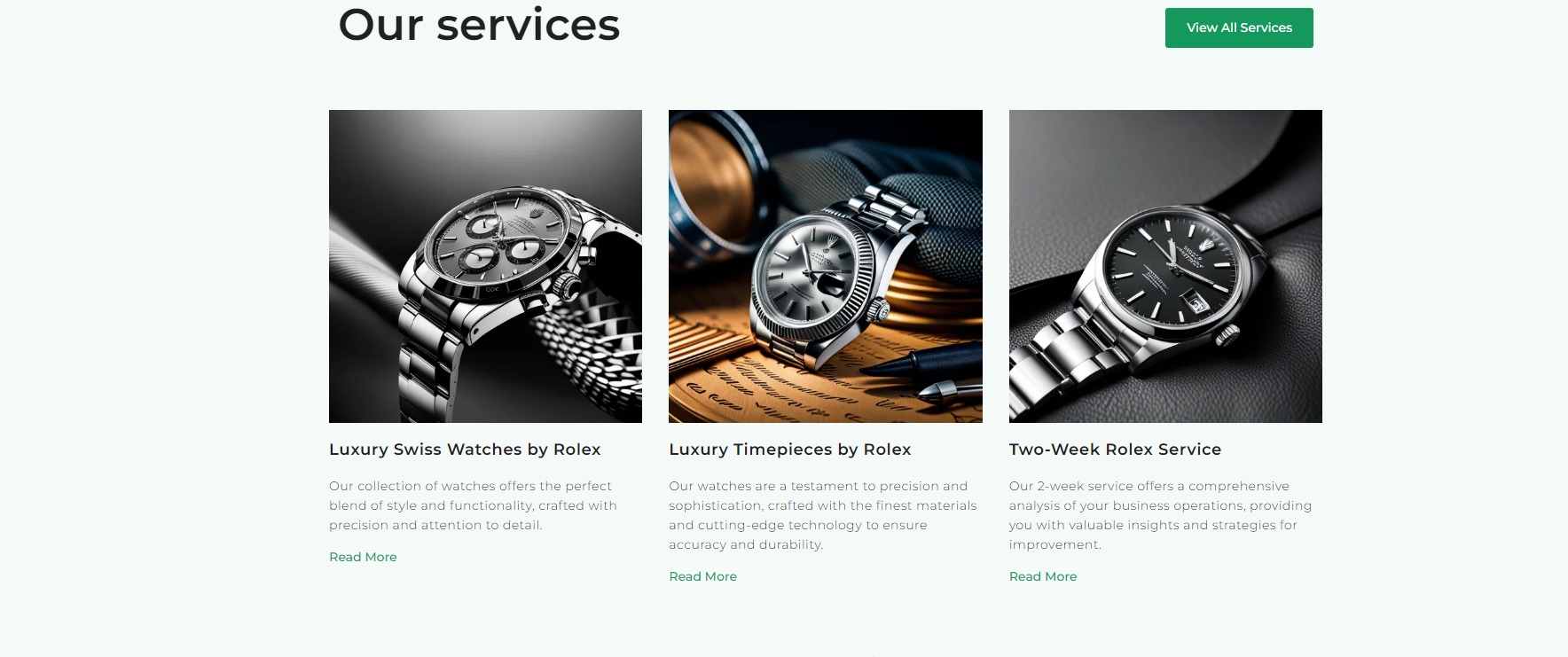 Kompozycja trzech zdjęć luksusowych zegarków Rolex na stronie internetowej, prezentująca różne modele z metalowymi bransoletami, umieszczone na eleganckich tłach, sugerujące precyzję i dbałość...