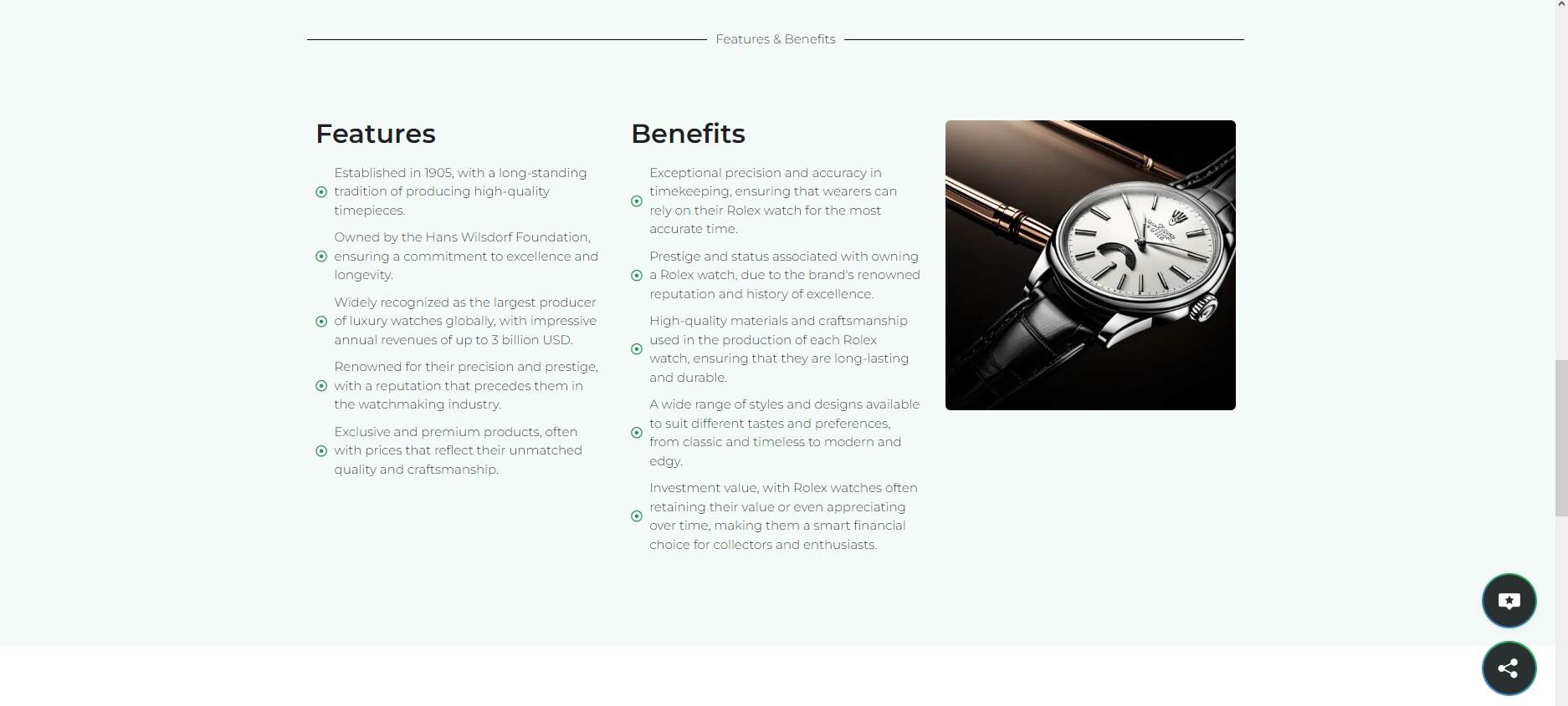 Profesjonalna strona internetowa prezentująca cechy i zalety luksusowego zegarka Rolex, z eleganckim zdjęciem produktu na ciemnym tle.