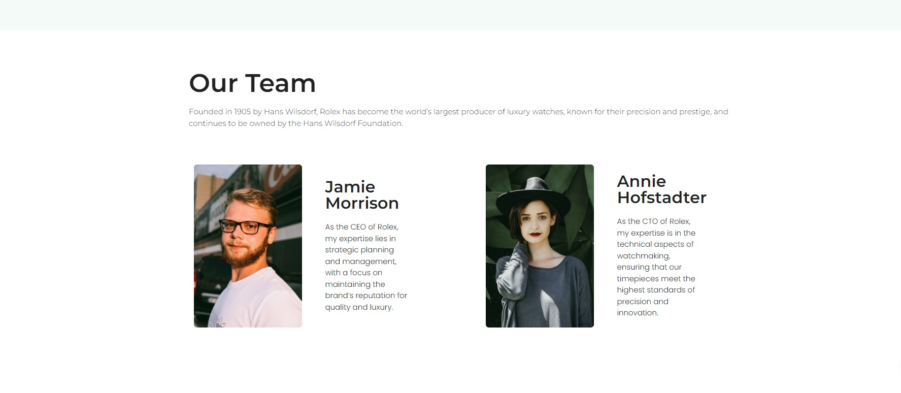 Zdjęcie przedstawia sekcję 'Nasz Zespół' na stronie internetowej firmy Rolex, z portretami Jamie Morrisona i Annie Hofstadter oraz ich opisami stanowisk.