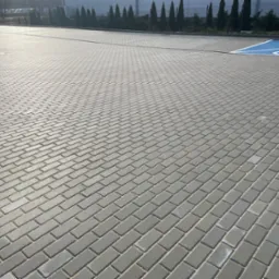 Szara kostka brukowa ułożona na dużym parkingu z wyznaczonym, niebieskim miejscem dla os&oacute;b niepełnosprawnych. W tle rząd tuj.