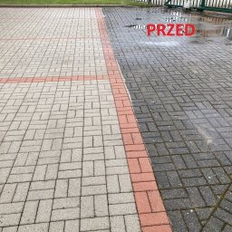 Szuru-Buru Robert Suchodolski - Porównanie stanu kostki brukowej przed i po czyszczeniu: lewa strona jasna i czysta, prawa strona ciemna i zabrudzona mchem, widoczne napisy 'PO' i 'PRZED'.