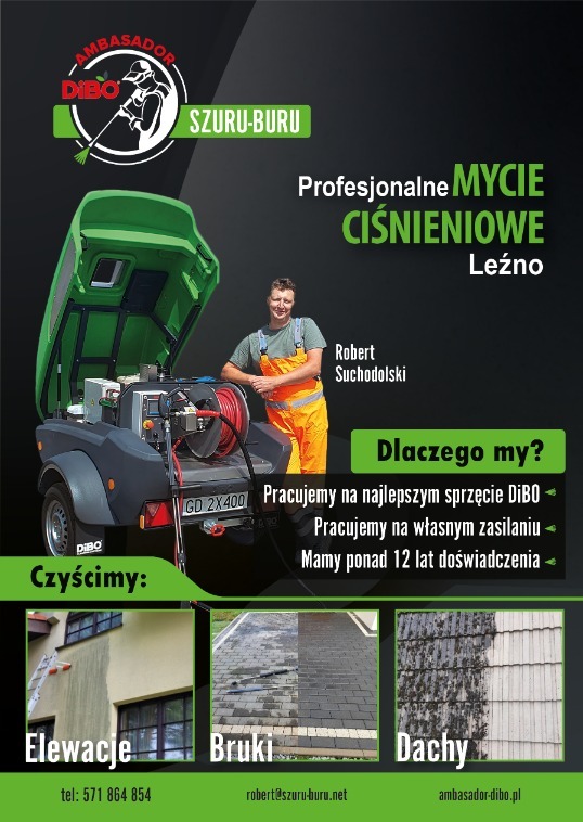 Plakat reklamowy firmy Szuru-Buru z Leźna, oferującej profesjonalne mycie ciśnieniowe, prezentujący Roberta Suchodolskiego obok przyczepy z urządzeniem DIBO, z hasłami o doświadczeniu i sprzęcie...