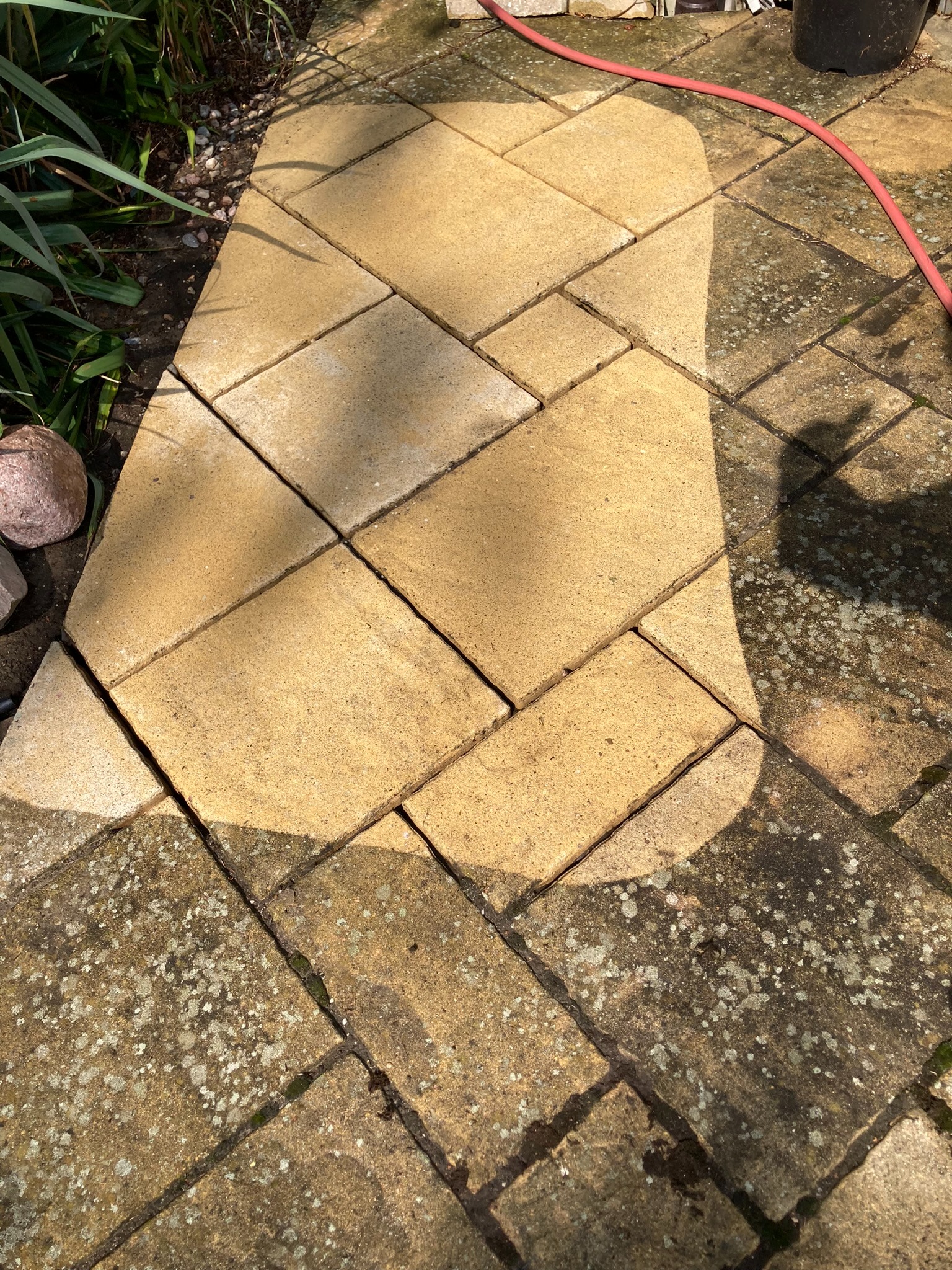 Częściowo oczyszczona, beżowa kostka brukowa z widocznym śladem po myciu, obok roślinność i wąż ogrodowy.