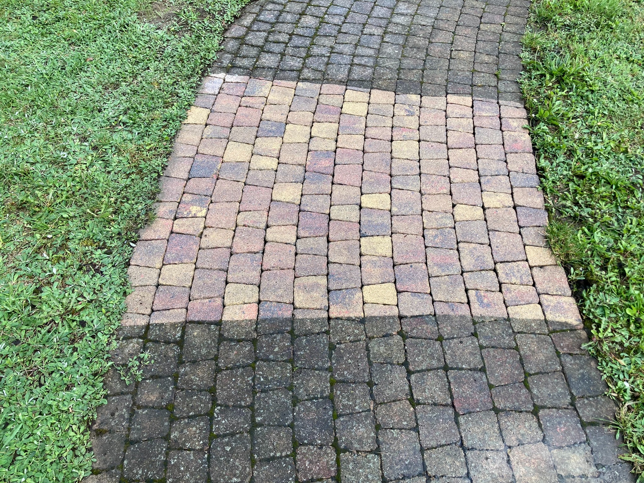 Fragment kostki brukowej, z widocznym efektem mycia - część kostki jest czysta, odsłaniając żółto-różową barwę, a część jest pokryta ciemnym nalotem, otoczona trawą.