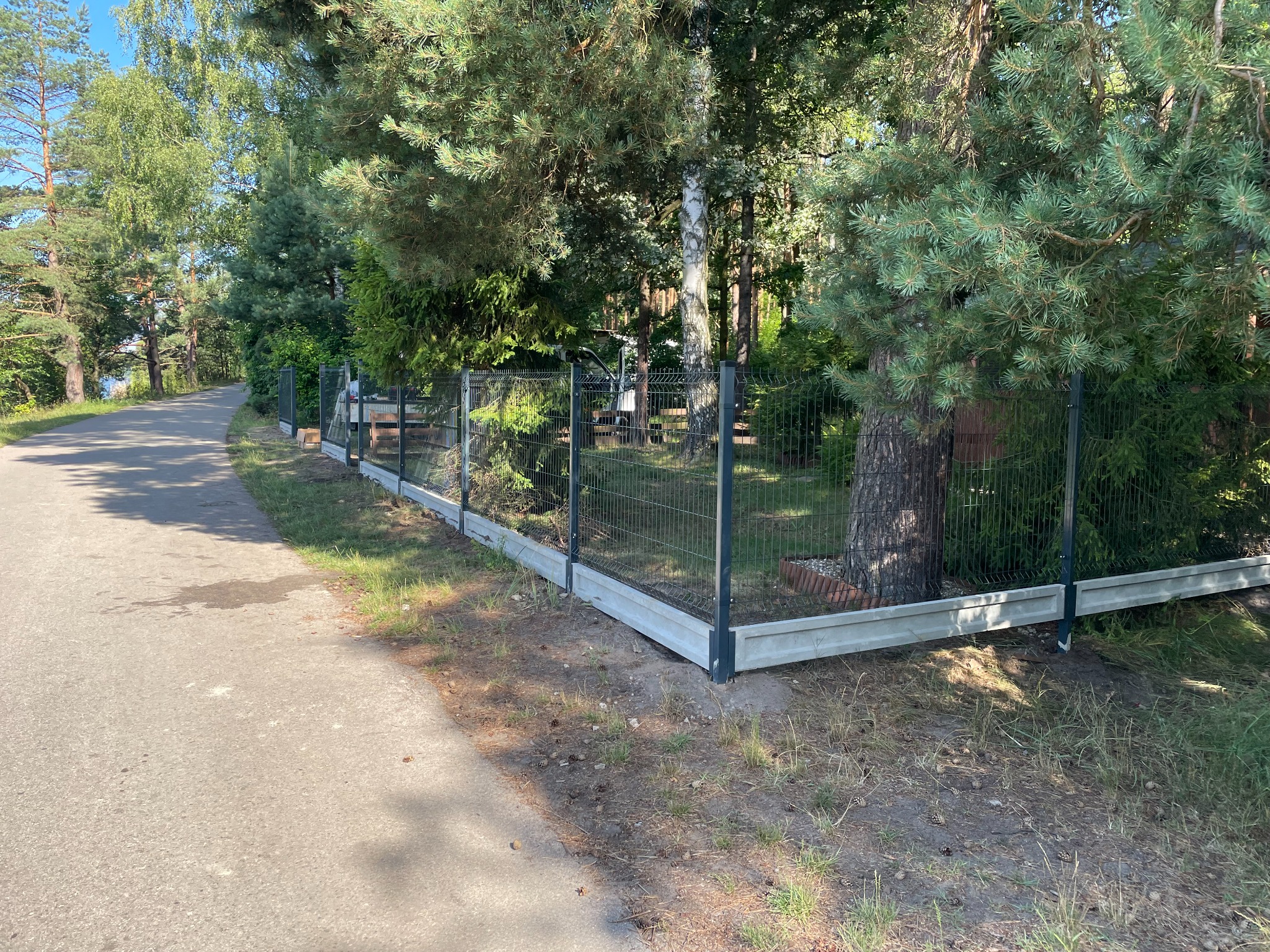 Nowoczesne ogrodzenie z siatki z podmurówką betonową, widok z boku ścieżki, otoczone drzewami iglastymi i liściastymi.