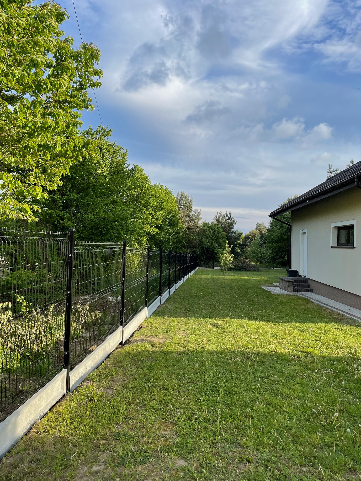 Nowoczesne ogrodzenie panelowe w kolorze czarnym, z podmurówką betonową, oddzielające trawnik od zarośli, na tle domu jednorodzinnego w słoneczny dzień.