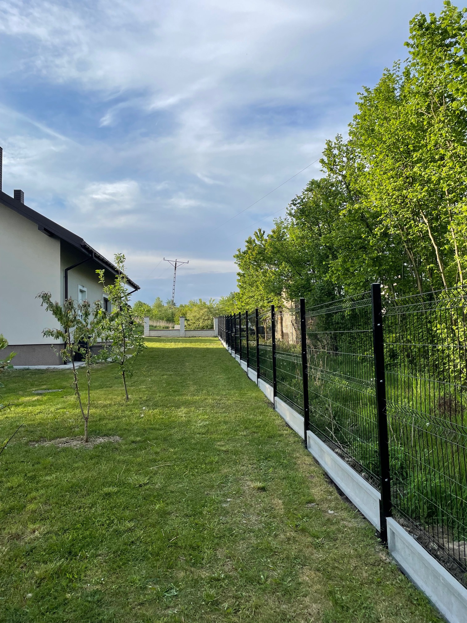 Nowoczesne ogrodzenie panelowe z podmurówką betonową oddzielające posesję z domem od zarośniętego terenu, widok z perspektywy ogrodu.