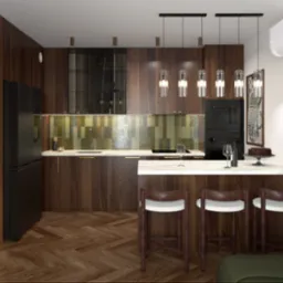 Nowoczesna kuchnia z drewnianymi szafkami, mozaiką nad blatem i wyspą z krzesłami barowymi. Na blacie ciasto i wino. Parkiet w jodełkę na podłodze.