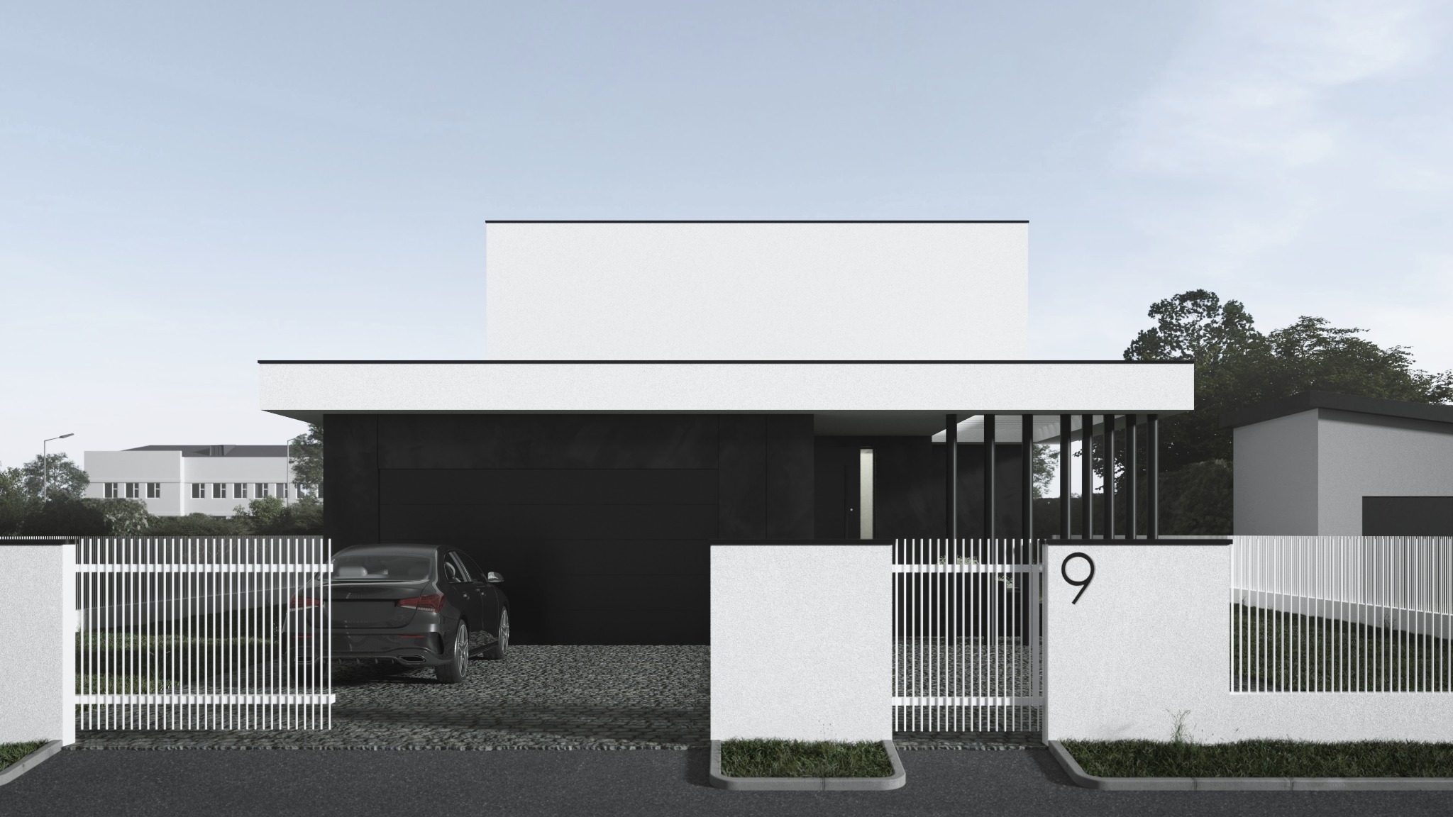 Nowoczesny dom z płaskim dachem, czarną elewacją i białym ogrodzeniem z numerem '9'. Przed domem zaparkowany samochód na kamiennym podjeździe.