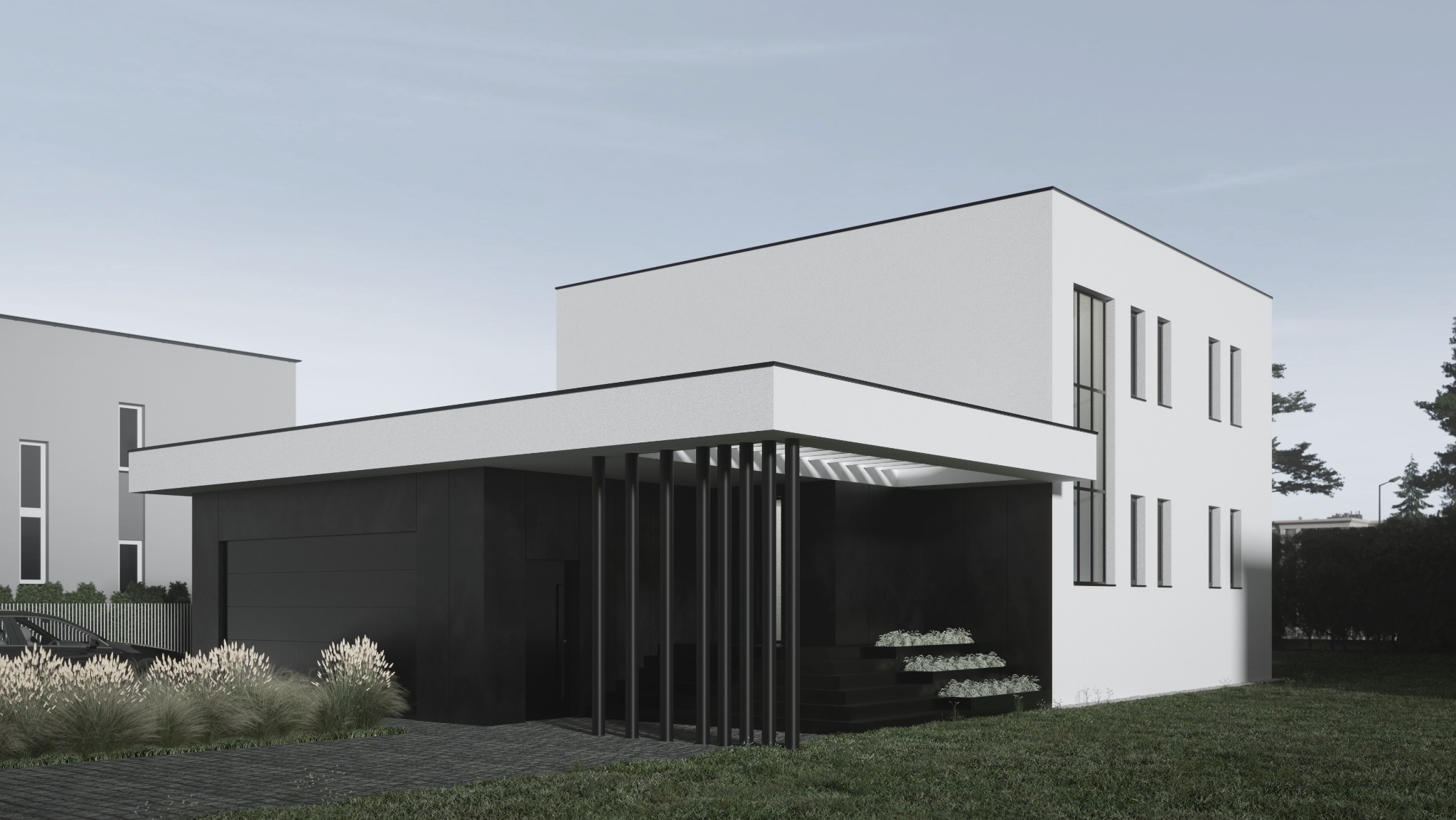 Nowoczesny dom z garażem w minimalistycznej kolorystyce: biała elewacja, czarne akcenty, proste linie, roślinność. Ujęcie z zewnątrz, w dziennym świetle.