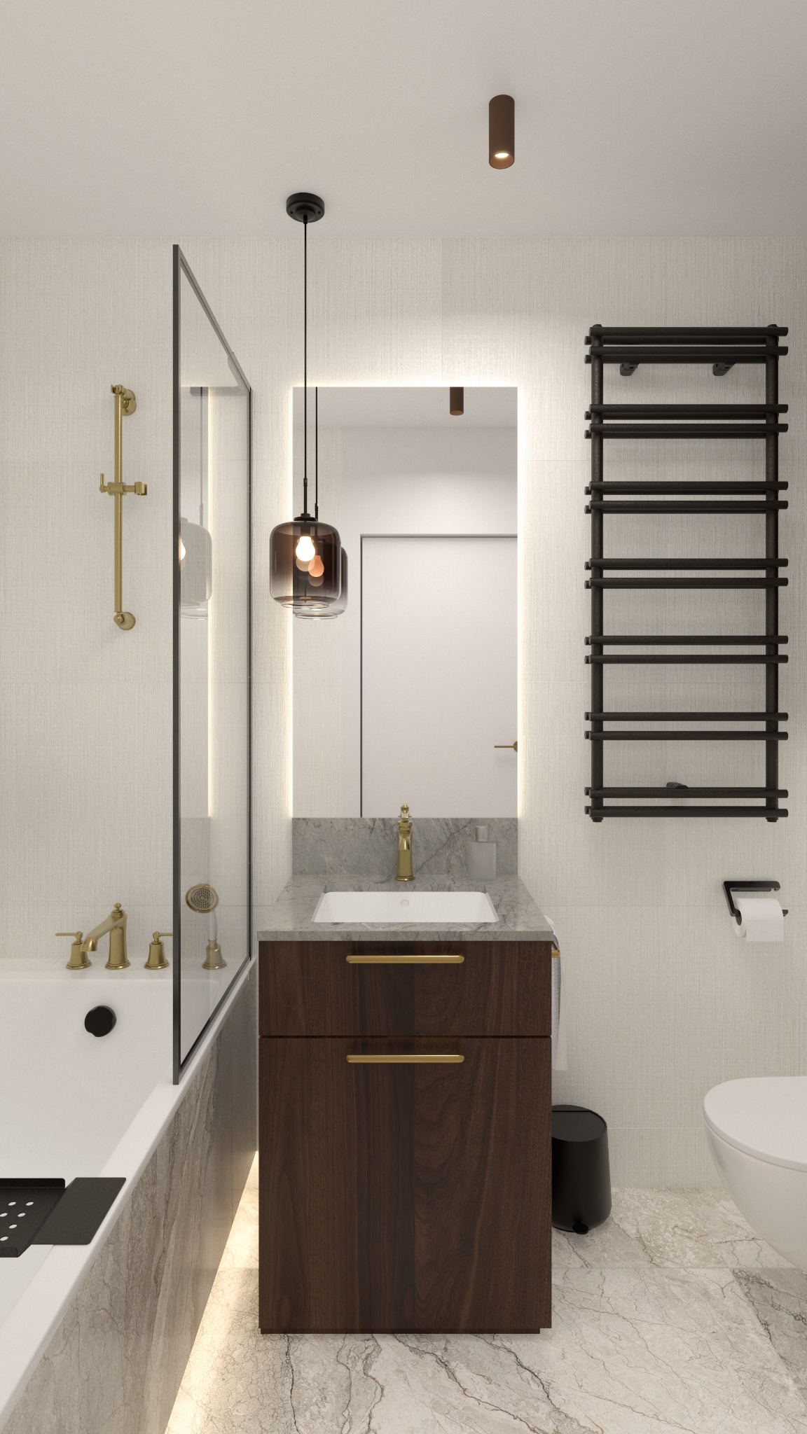 Nowoczesna łazienka z drewnianą szafką pod umywalką, marmurowym blatem i podświetlanym lustrem. Złota armatura i czarny grzejnik drabinkowy dodają elegancji.