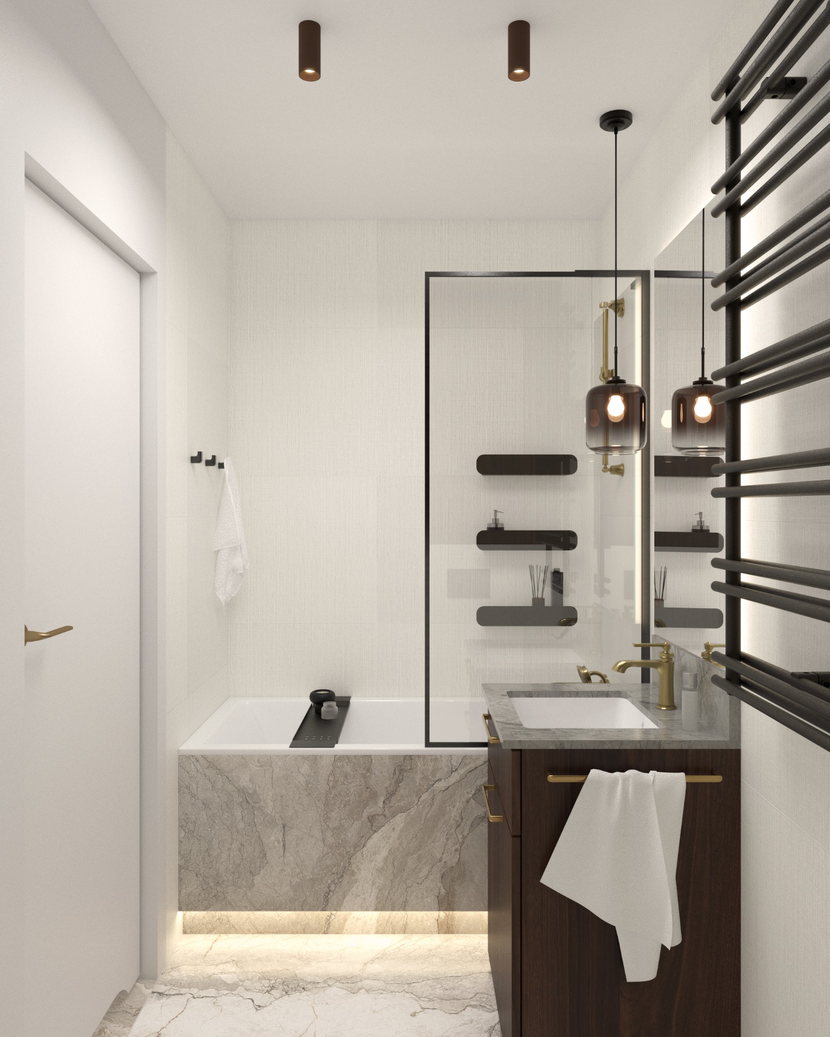 Elegancka aranżacja łazienki z wanną obudowaną marmurem, szafką z umywalką i grzejnikiem drabinkowym. Oświetlenie punktowe i wiszące lampy podkreślają styl.