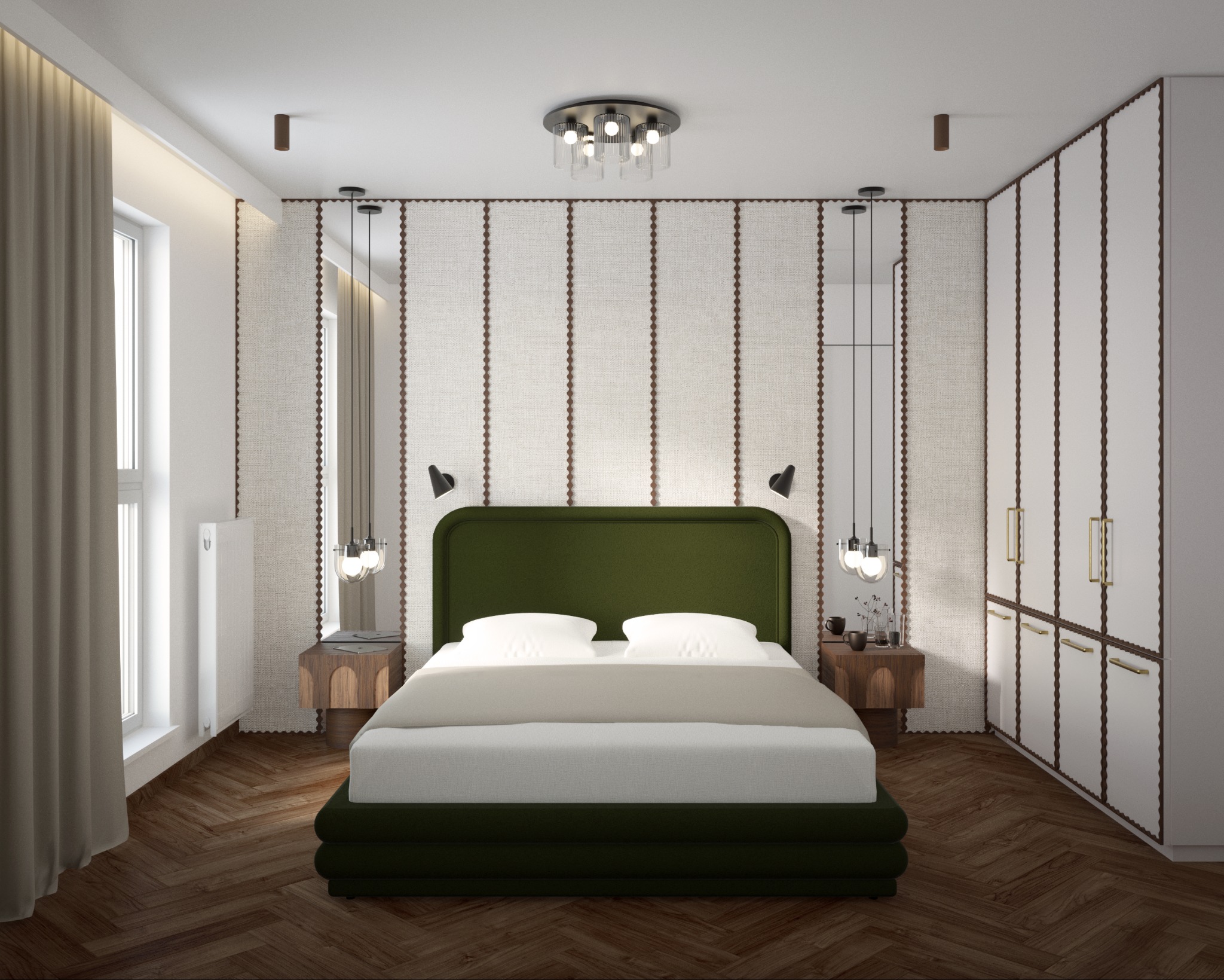 Nowoczesna sypialnia z zielonym łóżkiem, drewnianą podłogą i szafą z złotymi uchwytami. Na ścianie dekoracyjne panele i lampki nocne.
