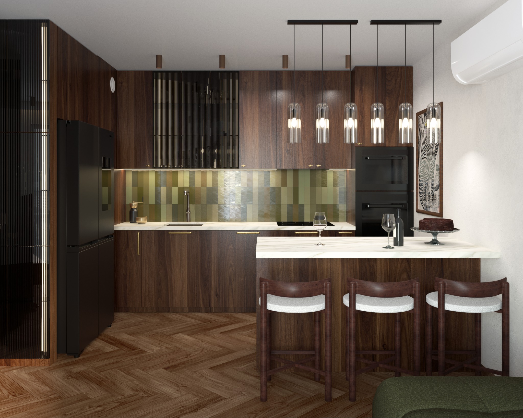 Nowoczesna kuchnia z drewnianymi szafkami, mozaiką nad blatem i wyspą z krzesłami barowymi. Na blacie ciasto i wino. Parkiet w jodełkę na podłodze.