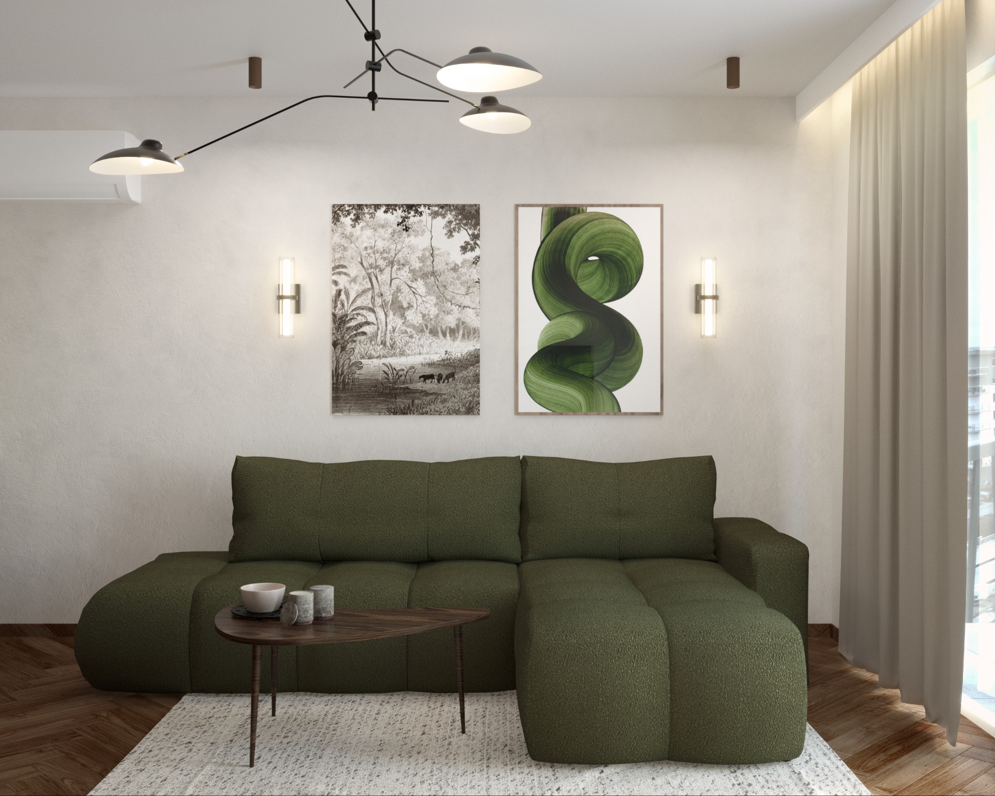 Stylowy salon z zieloną sofą modułową, stolikiem kawowym i dekoracyjnymi obrazami, oświetlony nowoczesną lampą sufitową.