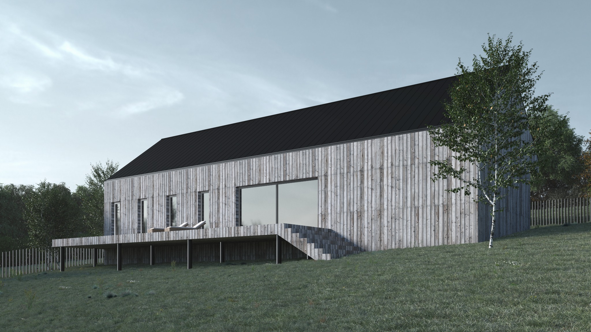 Wizualizacja nowoczesnego domu z drewnianą elewacją, dużymi oknami i tarasem na wzgórzu. Minimalistyczny design, czarny dach, jasne drewno, bujna roślinność wokół.