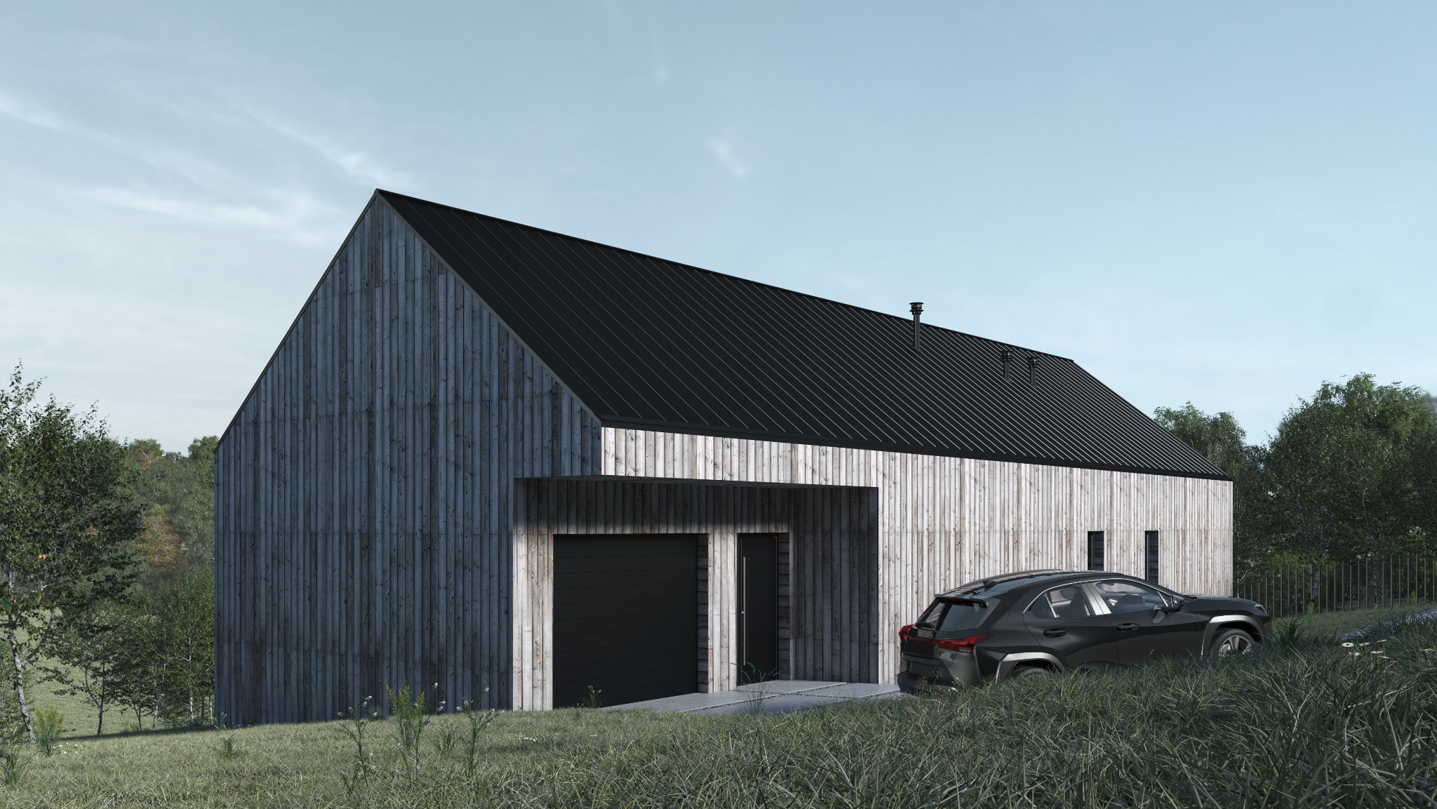 Nowoczesny dom jednorodzinny z drewnianą elewacją i czarnym dachem, garaż w bryle budynku, auto zaparkowane na podjeździe. Ujęcie w słoneczny dzień.