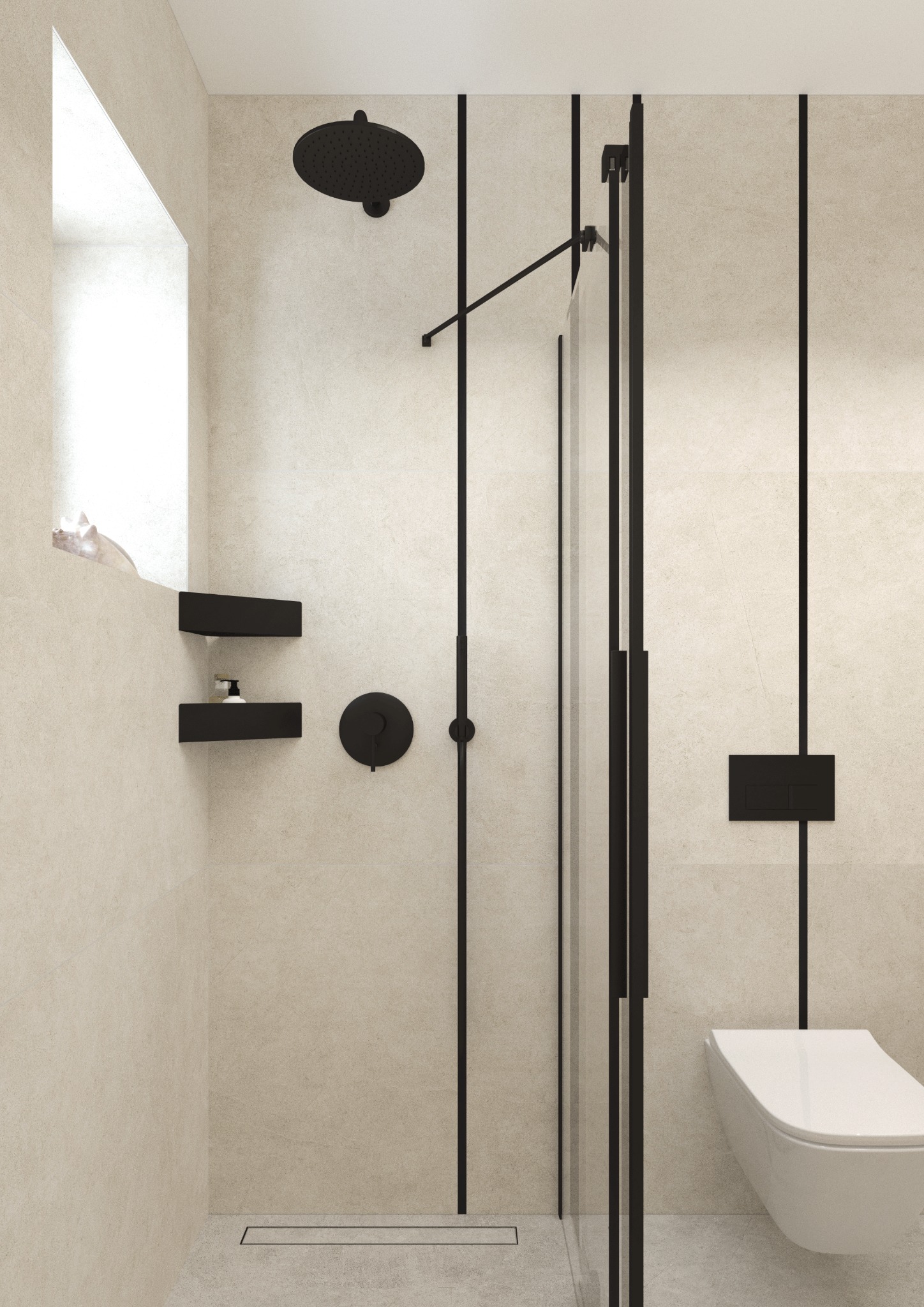 Minimalistyczna łazienka z kabiną prysznicową z czarnymi profilami, półkami ściennymi z kosmetykami i podwieszaną toaletą.