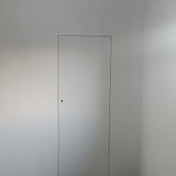 Pro Standard Bartłomiej Miczołek - Minimalistyczne wnętrze: ukryte drzwi w ścianie pomalowanej na jasny odcień szarości, z widocznym betonowym podłożem.