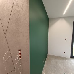 Pro Standard Bartłomiej Miczołek - Ściana z dekoracyjną szarą strukturą i wystającymi kablami elektrycznymi obok ściany pomalowanej na zielono, surowy beton na podłodze, biała ściana z otworami po gniazdkach i ledowe oświetlenie...