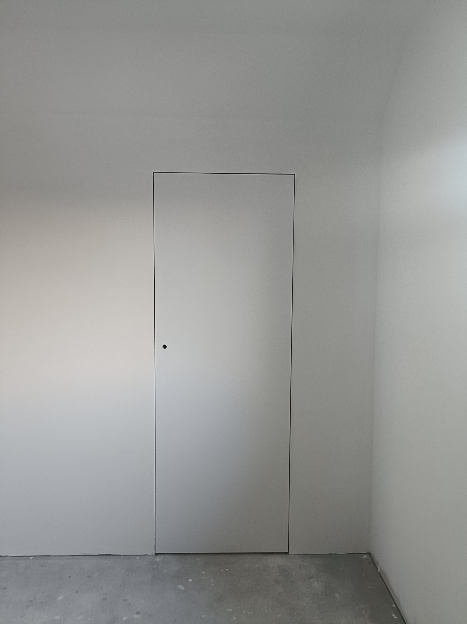 Minimalistyczne wnętrze: ukryte drzwi w ścianie pomalowanej na jasny odcień szarości, z widocznym betonowym podłożem.