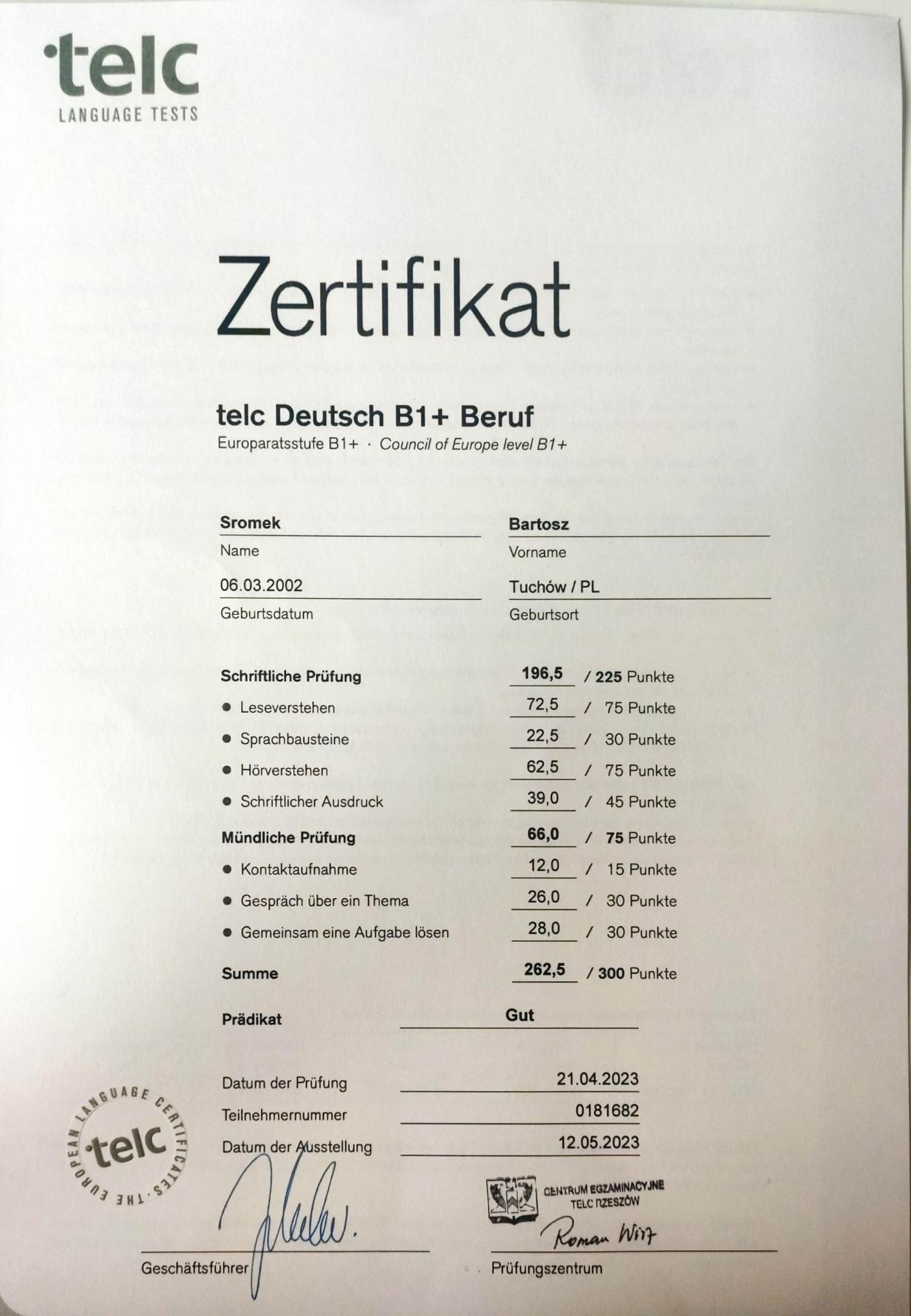 Certyfikat językowy Telc Deutsch B1+ Beruf