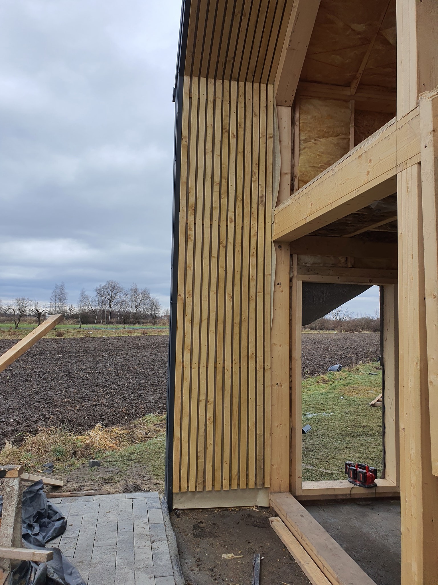 Wznoszenie konstrukcji domu z drewnianym szkieletem, widoczne ocieplenie, elewacja z pionowych desek, w tle zaorane pole i drzewa.