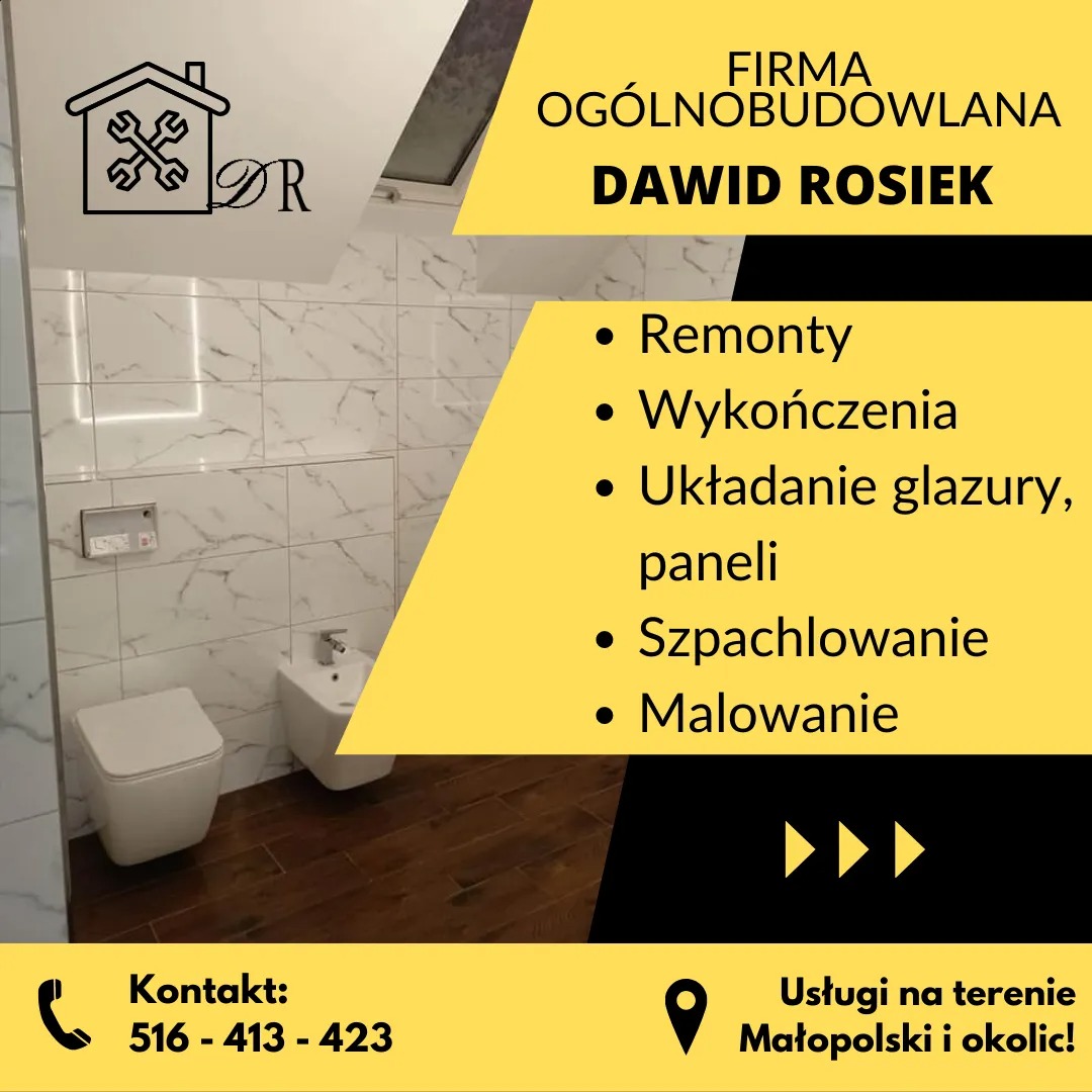 Wykończona łazienka z białą armaturą i marmurowymi płytkami na ścianach, prezentowana na tle grafiki reklamowej firmy ogólnobudowlanej Dawid Rosiek z Małopolski.