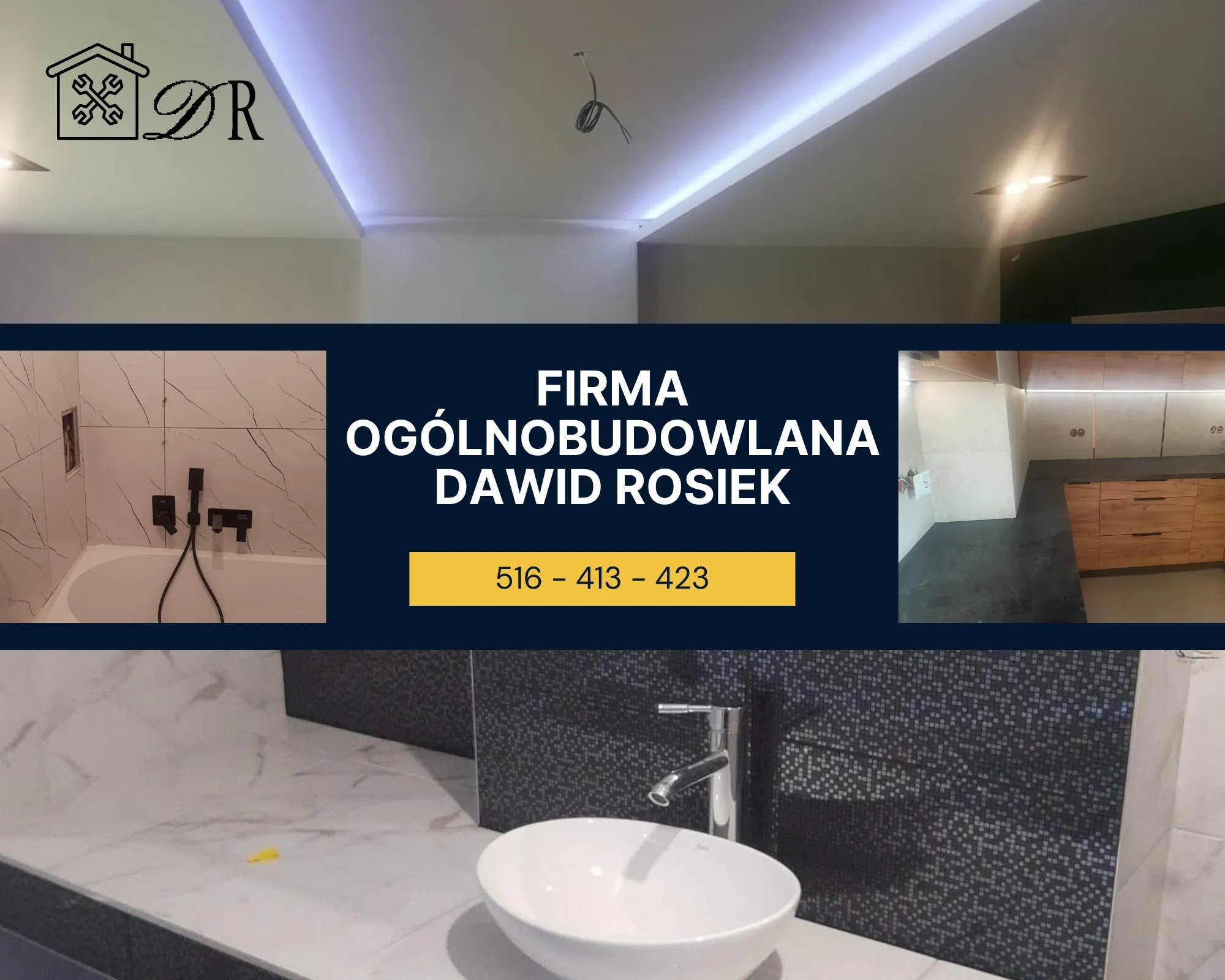 Kompozycja z logo firmy budowlanej, prezentująca aranżacje łazienki z białą wanną i czarną armaturą, umywalki nablatowej na blacie z mozaiką oraz kuchni z drewnianymi szafkami i oświetleniem LED...