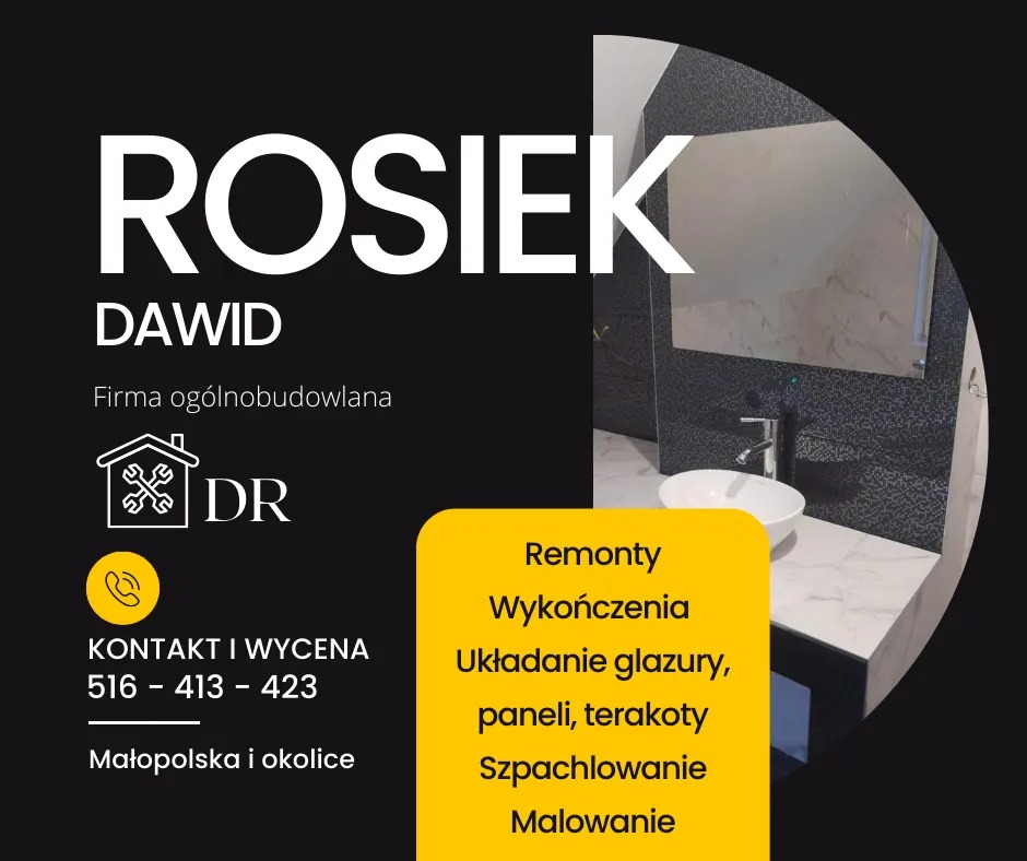 Grafika reklamowa firmy budowlanej Rosiek Dawid z wizualizacją łazienki: biała umywalka nablatowa, lustro i mozaika w ciemnych odcieniach szarości, marmurowy blat.