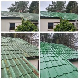 Cleanhouse_warszawa - Porównanie dachu z blachodachówki przed i po czyszczeniu, widoczne różnice w kolorze i usunięte zabrudzenia, ujęcie z bliska na fragment dachu.