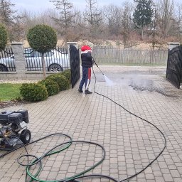 Cleanhouse_warszawa - Czyszczenie kostki brukowej wysokociśnieniową myjką spalinową na posesji z tujami i bramą wjazdową, widoczny efekt różnicy w czystości.